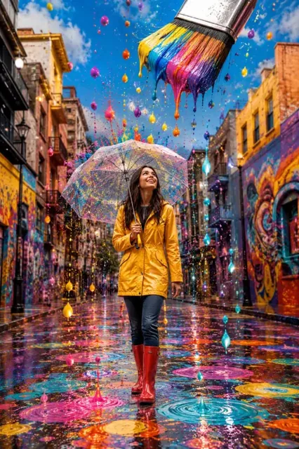 A young woman in a yellow raincoat and red boots smiles joyfully under a transparent umbrella as rainbow paint falls around her on a colorful city street.