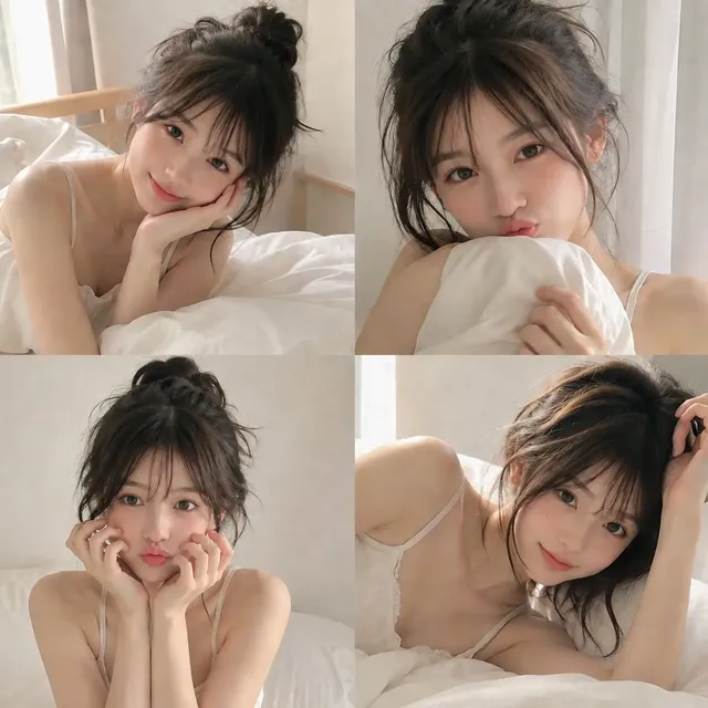 Four photorealistic selfie-style images of a cute Japanese woman in a cozy, sunlit bedroom, wearing a white camisole, with different sweet and playful expressions.