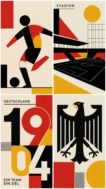 A vertical poster with four geometric panels in a Bauhaus style, using black, red, and gold, depicting football elements.