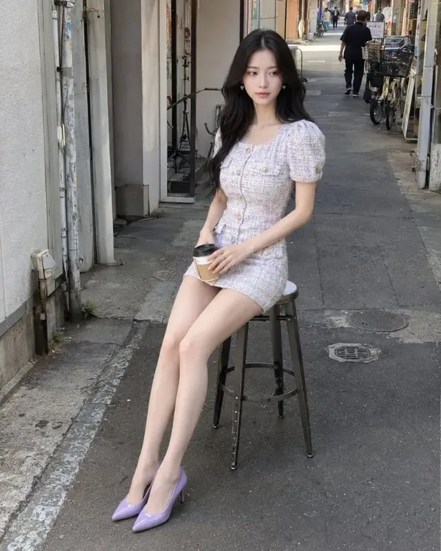 A pastel tweed micro-minidress with white, pale purple, and pale blue threads, featuring short puff sleeves, a fitted waist, gold buttons, sheer beige tights, and pastel-purple patent-leather pumps.