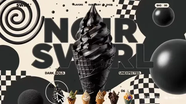 Prototype motion graphics landing page for ice cream, featuring animated shapes, kinetic typography, and interactive elements, showcasing H3 AI capabilities.