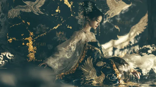 A serene East Asian noblewoman with an intricate updo sits beside a jade pool in a moonlit grotto, her hand trailing in the water. She wears a flowing white robe over a blue skirt, with detailed embroidery and gold accents.