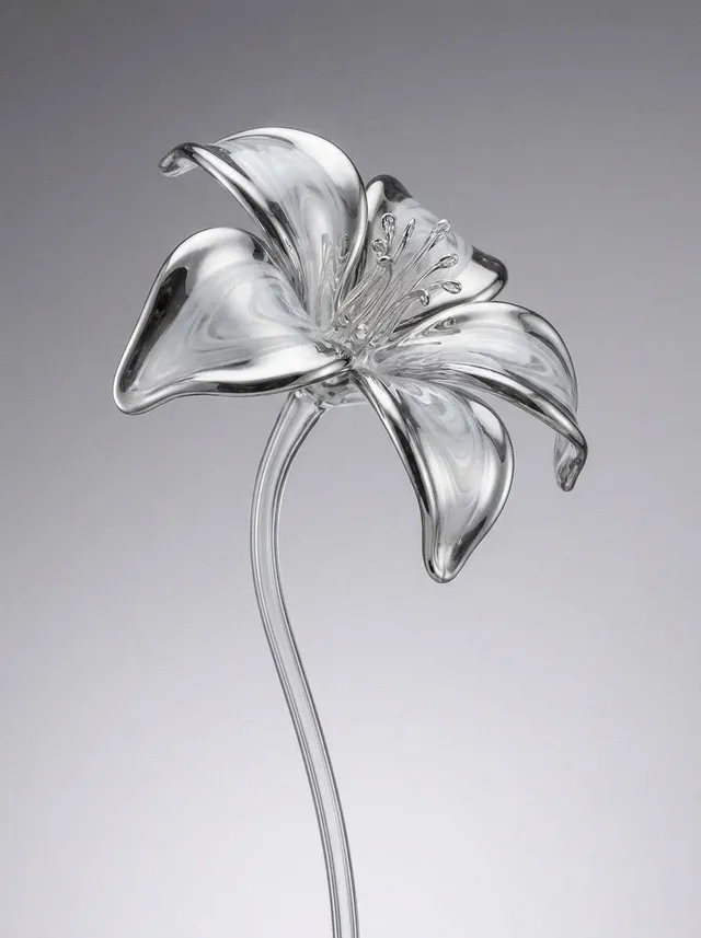 A photorealistic render of a crystal glass flower sculpture with translucent white swirls on a chrome-silver reflective surface, set against a gradient gray studio background.