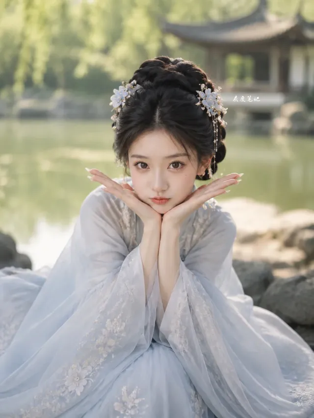 A hyperrealistic, 3:4 vertical cinematic portrait of a young East Asian woman with delicate features, wearing a light blue Hanfu. She is sitting in a classical Chinese garden, her hands gently framing her chin, looking directly at the camera with a soft, slightly playful expression. The background features a tranquil lake and traditional architecture, softly blurred.
