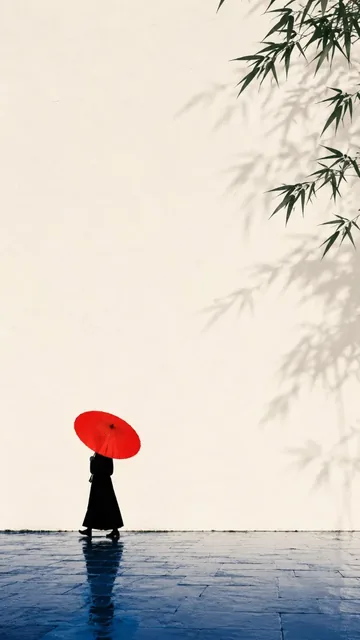 A silhouette of a person holding a bright red umbrella walks past a warm white wall, with cobalt blue reflections on the ground and hints of bamboo shadows.