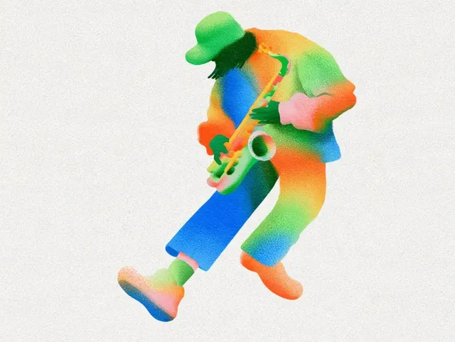 A vibrant grainy gradient illustration of a saxophone player in colorful neon textures against a light background.