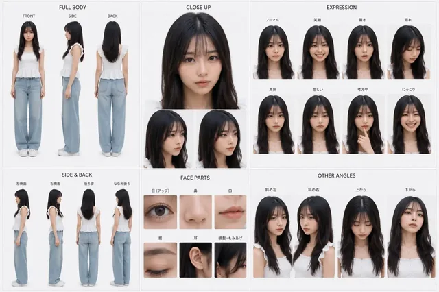 A comprehensive character reference sheet displaying front, side, and back views, close-ups of the face and features, various expressions, and hair details.