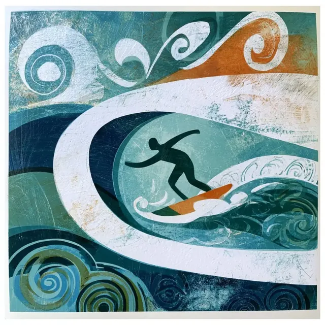 Stylized illustration in the style of a teal-colored woodblock print.