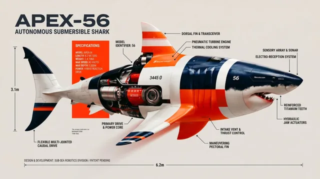 Vibrant graphic design infographic showing the internal engine parts and anatomical labels of a mechanical shark.