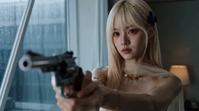 Bride in a wedding dress, holding a silver revolver pointed towards the viewer, her eyes showing internal conflict and a tear about to fall.