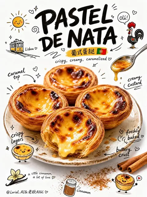 Hyper-realistic Portuguese egg tarts with golden flaky crusts and caramelized custard, surrounded by playful black hand-drawn doodles like arrows, hearts, and text labels on a clean white background.