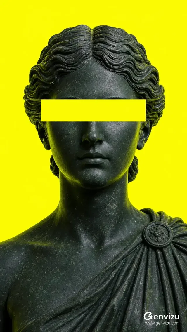 A minimalist, surrealist sculpture of a woman's bust in dark oxidized bronze and stone. A sharp, horizontal rectangular section is cut out across the eye area, revealing a solid, bright fluorescent yellow background. The sculpture is lit from above, with subtle yellow reflections on the edges.