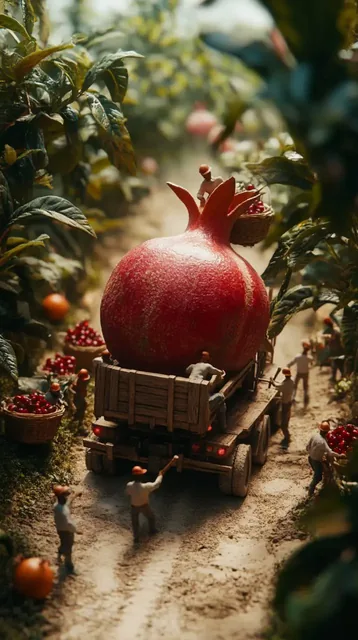 Tiny humanoid workers struggling to transport a giant pomegranate on a small wooden truck, with some pushing and others securing it.