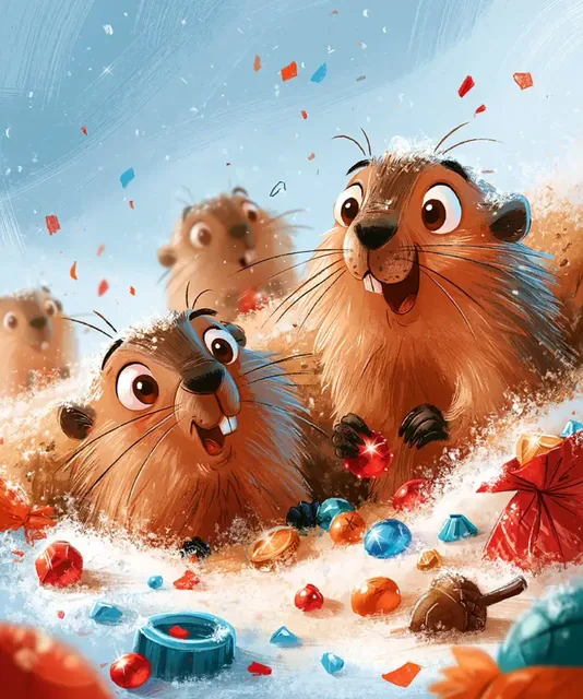 Linocut illustration of cute marmots emerging from snow to find shiny treasures, with a festive winter atmosphere.