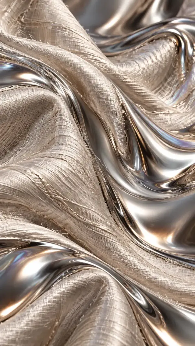 Abstract visualization of AI art, depicting a seamless blend of smooth silk fabric and shimmering liquid metal.