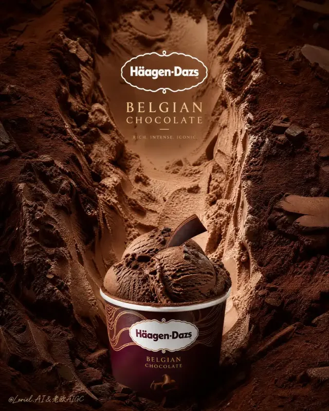 A vertical advertising poster for Häagen-Dazs Belgian Chocolate, featuring an extreme close-up of chocolate ice cream texture forming a landscape, with a central carved channel leading to the product cup.
