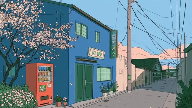 A serene anime-style street scene with a blue building, a vending machine, and a flowering cherry tree.
