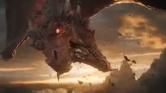 Armored knight on a cliff facing a colossal crimson dragon during a golden hour storm, with sparks flying from their clash.