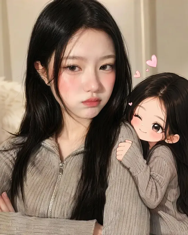 A photorealistic portrait of a person paired with a smaller, affectionate anime version of themselves, set against a pastel background with a playful expression contrast.