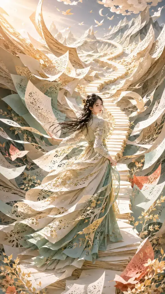 A 24-year-old oriental woman with black hair and a layered paper dress looks back over her shoulder while standing on a paper road leading into a dreamlike canyon of folded book pages.