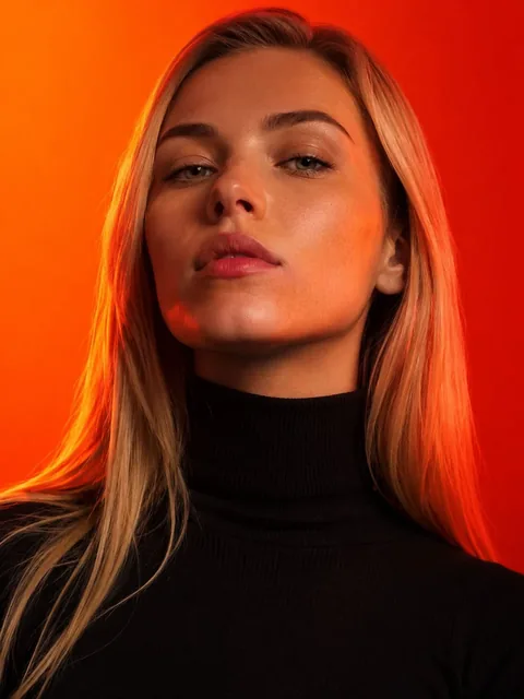 Ultra-photorealistic editorial fashion portrait of a young woman with straight blonde hair and piercing eyes, wearing a black turtleneck, with dramatic orange and red studio lighti