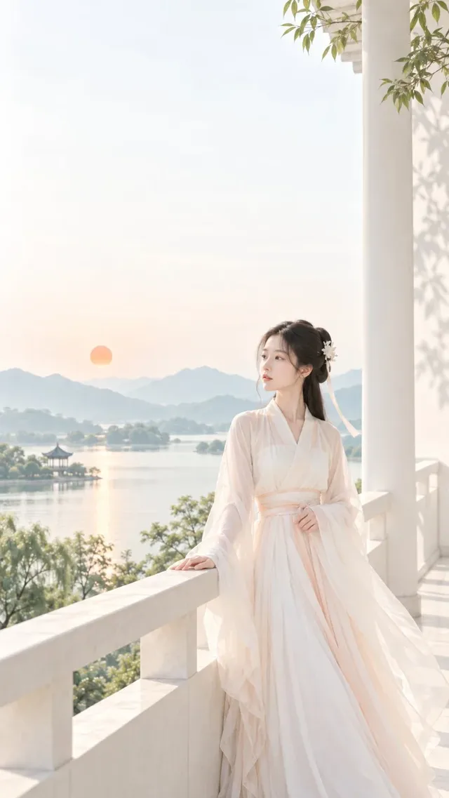 A minimalist poster featuring an ancient Chinese woman in a light-colored outfit standing by a simple corridor, looking towards a distant green landscape with soft peach light orbs.