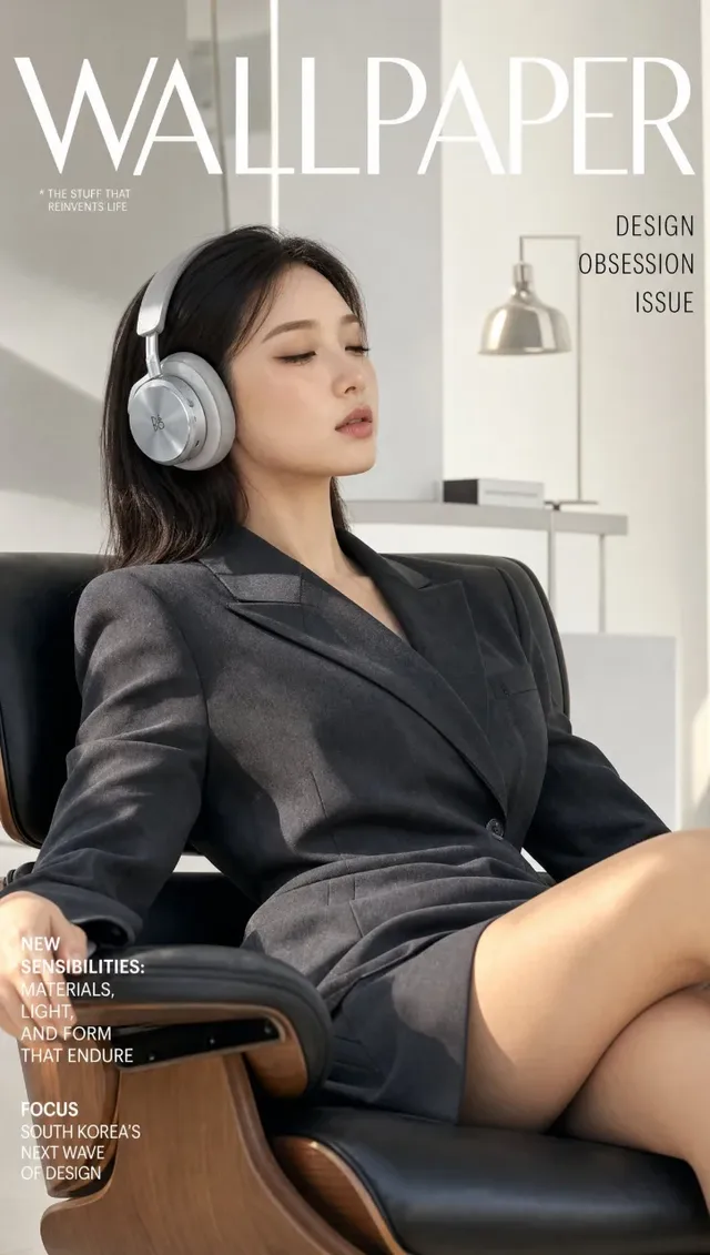Ultra-realistic magazine cover featuring a Korean woman in a blazer dress wearing Bang & Olufsen headphones, seated in a designer chair in a white studio.