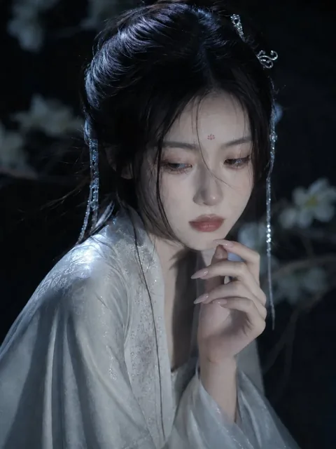 A young Chinese woman in traditional silver-white silk attire, with a red floral forehead adornment and subtle makeup, gazing away softly.