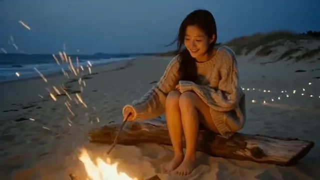 A young Korean woman in an oversized sweater sits by a small bonfire on a quiet beach at dusk, firelight illuminating her joyful face, with waves and sand dunes in the background.