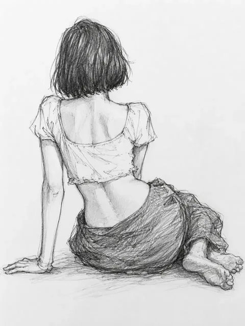 A pencil sketch of a young woman with short bob hair, viewed from behind, sitting on the floor with legs folded to one side.
