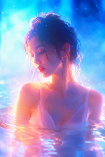 Dreamy, soft-focus portrait bathed in neon light, with vibrant blue and teal background and warm, glowing highlights on the subject, featuring a serene and ethereal atmosphere.