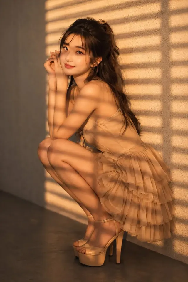 Adult female model crouching against a minimalist wall, illuminated by dramatic golden hour light streaming through Venetian blinds, casting horizontal bands of light and shadow.