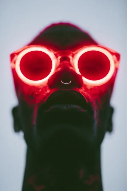 Close-up, low-angle portrait of a person's face, focusing on bright red illuminated sunglasses and a silver nose piercing, with a softly blurred gray and red background.