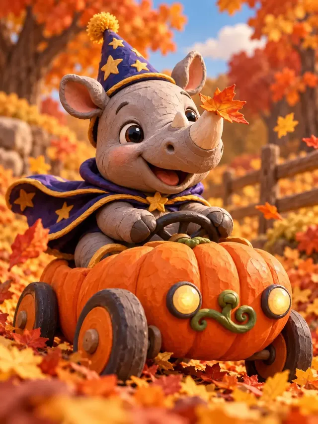 Playful claymation diorama of a baby rhino in a wizard cape driving a pumpkin pedal car through autumn leaves.