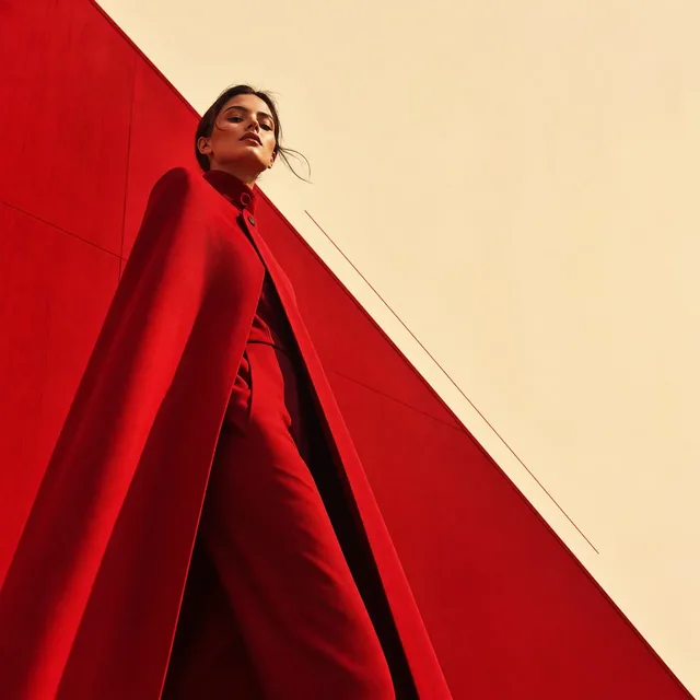 High-fashion editorial portrait of a young woman in a dramatic red cape and sunglasses, with a commanding gaze, against a bold geometric red and cream background, shot from a low a