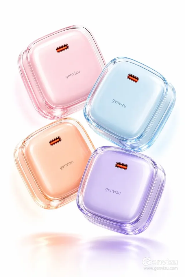 Four pastel-colored, transparent portable charging cases with rounded corners, arranged in a rotating petal formation in a white space with soft colored glows. Each case has a metallic orange-red interface and a 'genvizu' logo.
