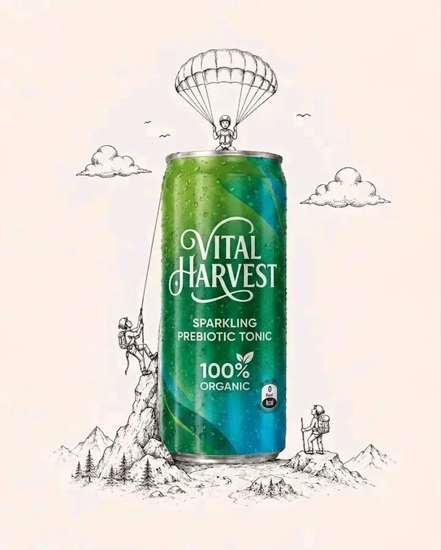 Vertical premium product illustration of a glossy [PRODUCT/DRINK] package with condensation, surrounded by detailed black ink adventure sketches of characters and landscape elements on a warm off-white background.