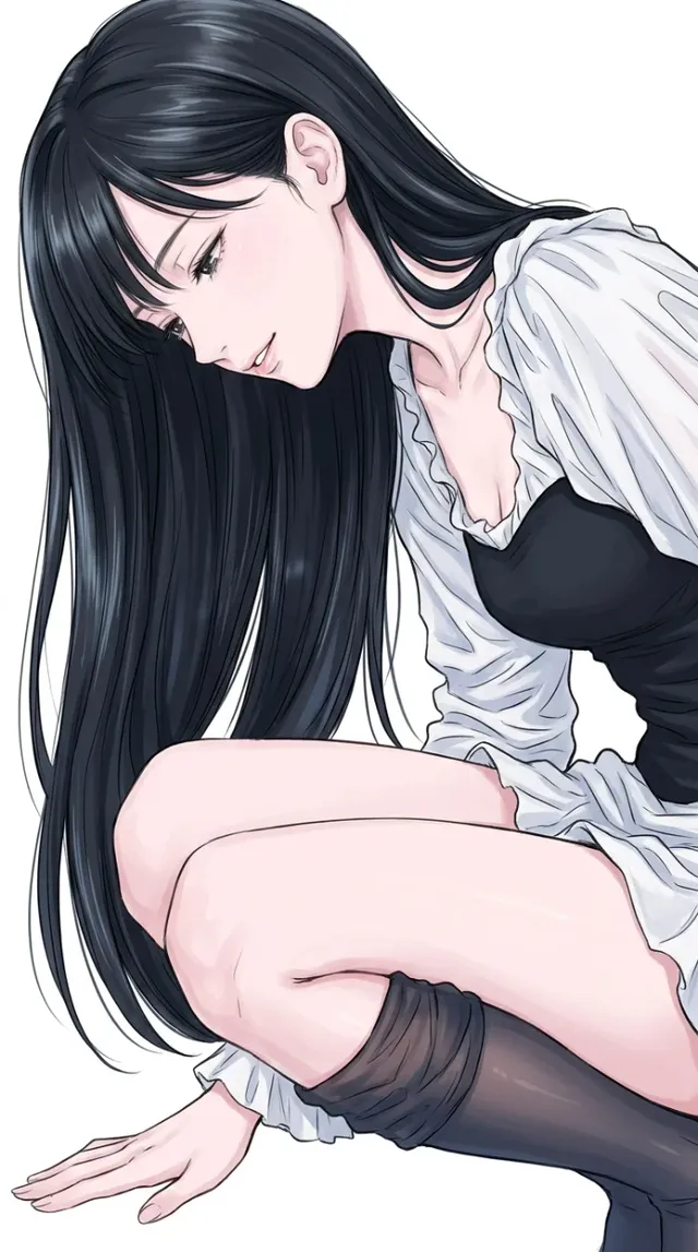 A modern digital anime illustration of a crouching woman with long dark hair, soft skin tones, and black and white clothing against a plain white background.