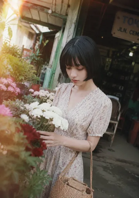 Dreamy cinematic street photography of a young woman with a bob haircut wearing a vintage floral dress, gently touching white chrysanthemums at a Southeast Asian roadside flower sh