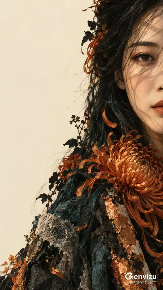Extreme asymmetric close-up of an East Asian woman with dark hair, petrol-teal strands, and burnt-orange chrysanthemum petals against a warm ivory background.