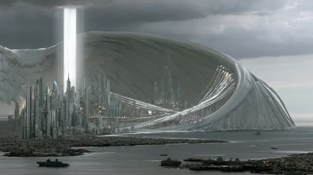 A colossal fallen angel deity submerged in an ocean bay, its wing transformed into a harbor wall for a sprawling futuristic city, with a beam of light piercing the storm clouds above.