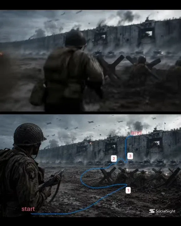 Ultra-realistic cinematic view of a WWII battlefield during a trench assault, with soldiers, tanks, planes, smoke, rain, and debris, captured in a single continuous tracking shot.