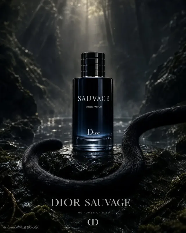 A hyper-realistic Dior Sauvage perfume bottle stands centrally on a wet dark stone in a deep, misty forest. A sleek black panther tail curves elegantly around the base of the bottle, enhancing its primal and luxurious appeal.