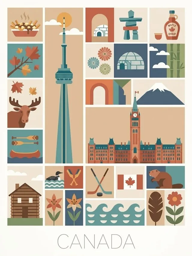 Square mid-century modern travel poster with a geometric grid layout, warm earthy colors, and minimalist panels representing a country's landmarks and culture.