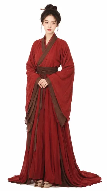 Full body shot of a woman in a red Hanfu with a simple hairstyle and wooden hair clip, against a pure white background with soft studio lighting.