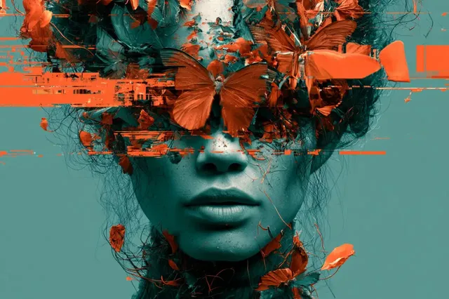 Surrealist collage with digital glitches and compression artifacts, featuring a blend of disparate elements in jarring colors, creating a dreamlike atmosphere.