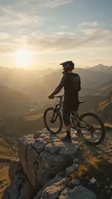 A professional mountain biker in golden sunrise light, launching off a cliff and riding down a steep, rocky trail with a valley below.
