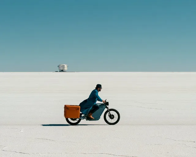 Elegant courier in a long cobalt coat riding an electric motorcycle across a vast white salt desert, with a distant geometric weather station on the horizon under bright sunlight.