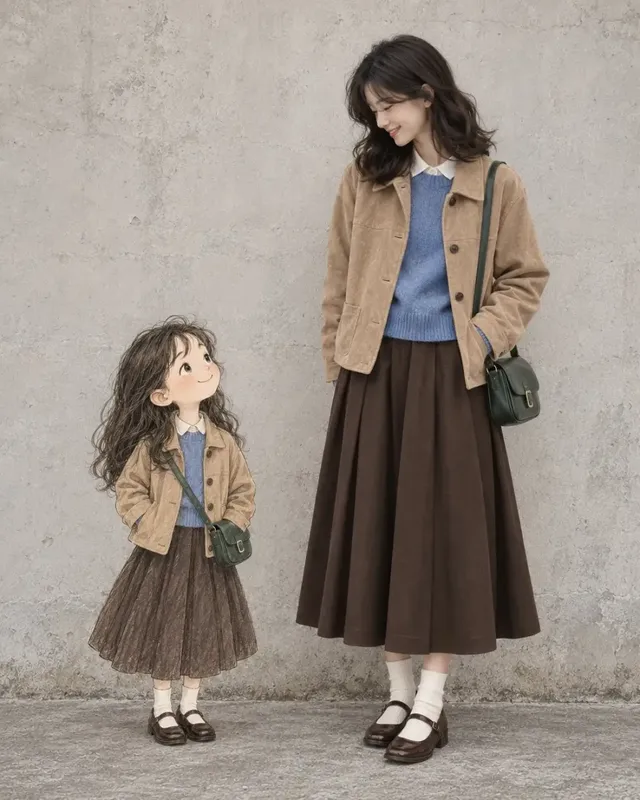 A woman with naturally wavy brown hair and a gentle smile stands next to a hand-drawn illustrated girl. Both wear matching outfits in muted autumn colors. The background is a simple, textured concrete wall and floor.