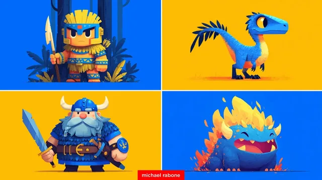 Four cartoon illustrations of characters: a warrior, a raptor, a viking, and a monster.